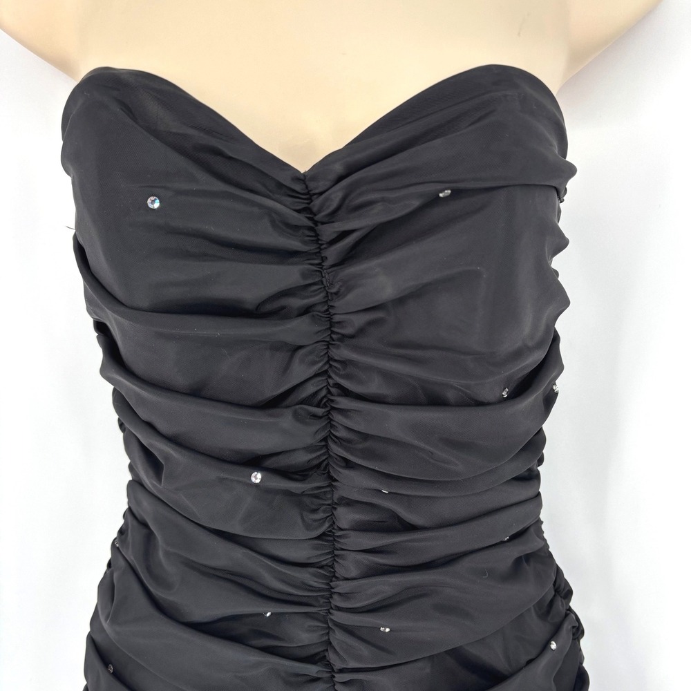 Vintage Roberta California Black Ruched Rhinestone Ruffle Mini Dress 80s Sz 5/6